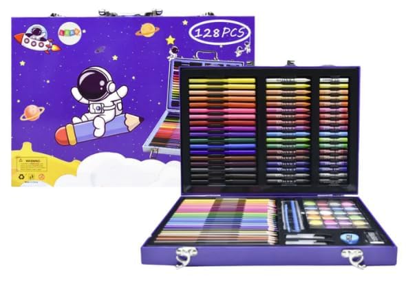 128 Pieces Drawing Kit for Kids Coloring set with Watercolor, Oil Pastel, Colored Pencil Sketches & Acrylic Painting Art Set for Kids, Boy and Girls (128 Pcs - astronaut,Blue)