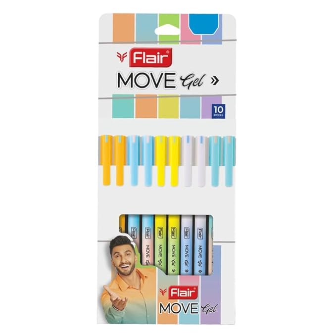 FLAIR Move Gel Pen | Minimalistic & Aesthetic Matt Finish Pastel Body Colors | Effortless Writing With Sleek Clip Design | Blue Ink, Set Of 10