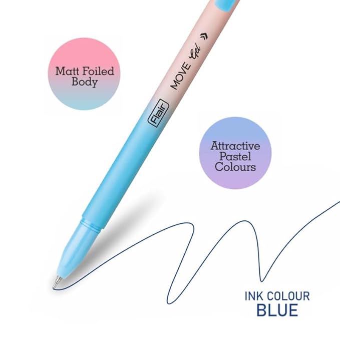 FLAIR Move Gel Pen | Minimalistic & Aesthetic Matt Finish Pastel Body Colors | Effortless Writing With Sleek Clip Design | Blue Ink, Set Of 10