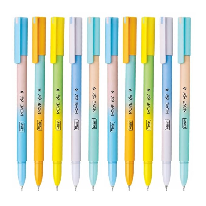 FLAIR Move Gel Pen | Minimalistic & Aesthetic Matt Finish Pastel Body Colors | Effortless Writing With Sleek Clip Design | Blue Ink, Set Of 10