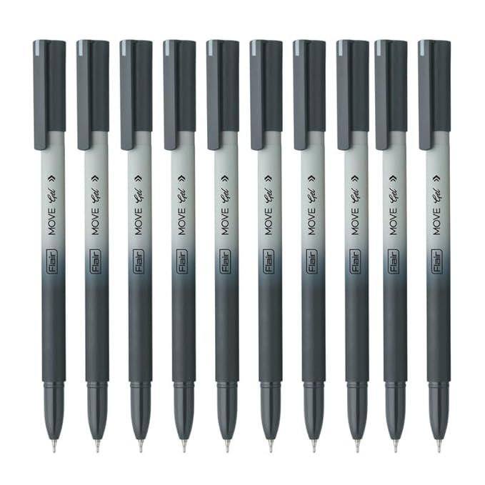 FLAIR Move Gel Pen | Black & Grey Aesthetic Pastel Matt Finished Body | Effortless Writing With Sleek Clip Design | Black Ink, Set Of 10
