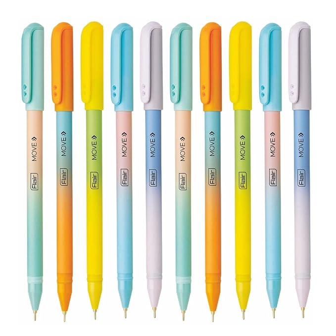 FLAIR Move Fine Tip Ball Pen | Minimalistic & Aesthetic Matt Finish Pastel Body Colors | Effortless Writing With Sleek Clip Design | Blue Ink, Pack Of 10