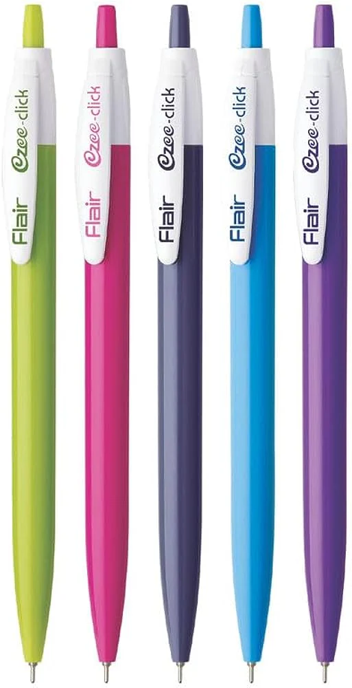 FLAIR Ezee Click 0.7 to 1 mm Ball Pen Jar Pack | Retractable Mechanism With Comfortable Grip For Smooth Writing | Different Playful Body Colors | Blue Ink, Pack of 5 Pens